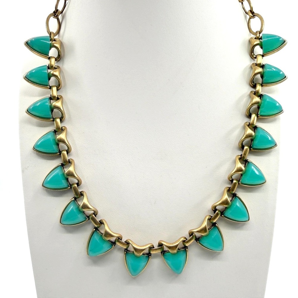 Vintage Antique Gold Tone Aqua Green Triangle Statement Necklace Bold Chunky Y2K